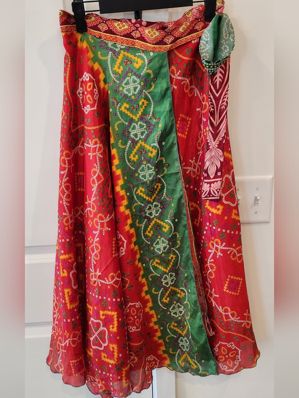 Women’s Red and Green Reversable Wrap Patterned Flared Skirt